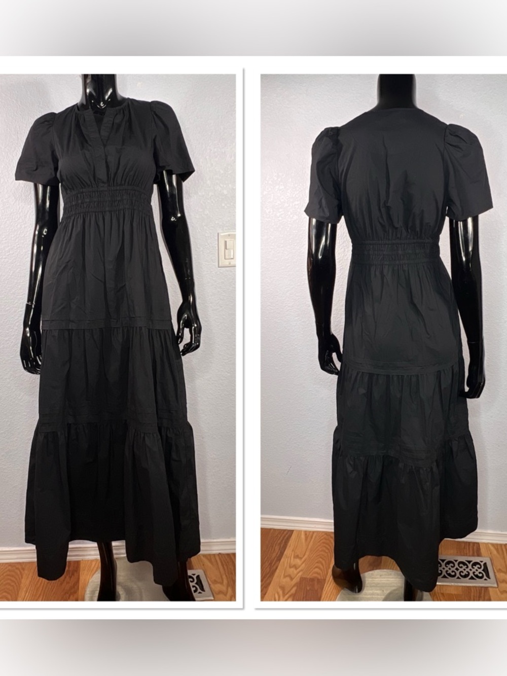 Quince Black Tiered Puff-Sleeve 100% Organic Cotton Poplin Maxi Dress Sz S - Picture 2 of 10
